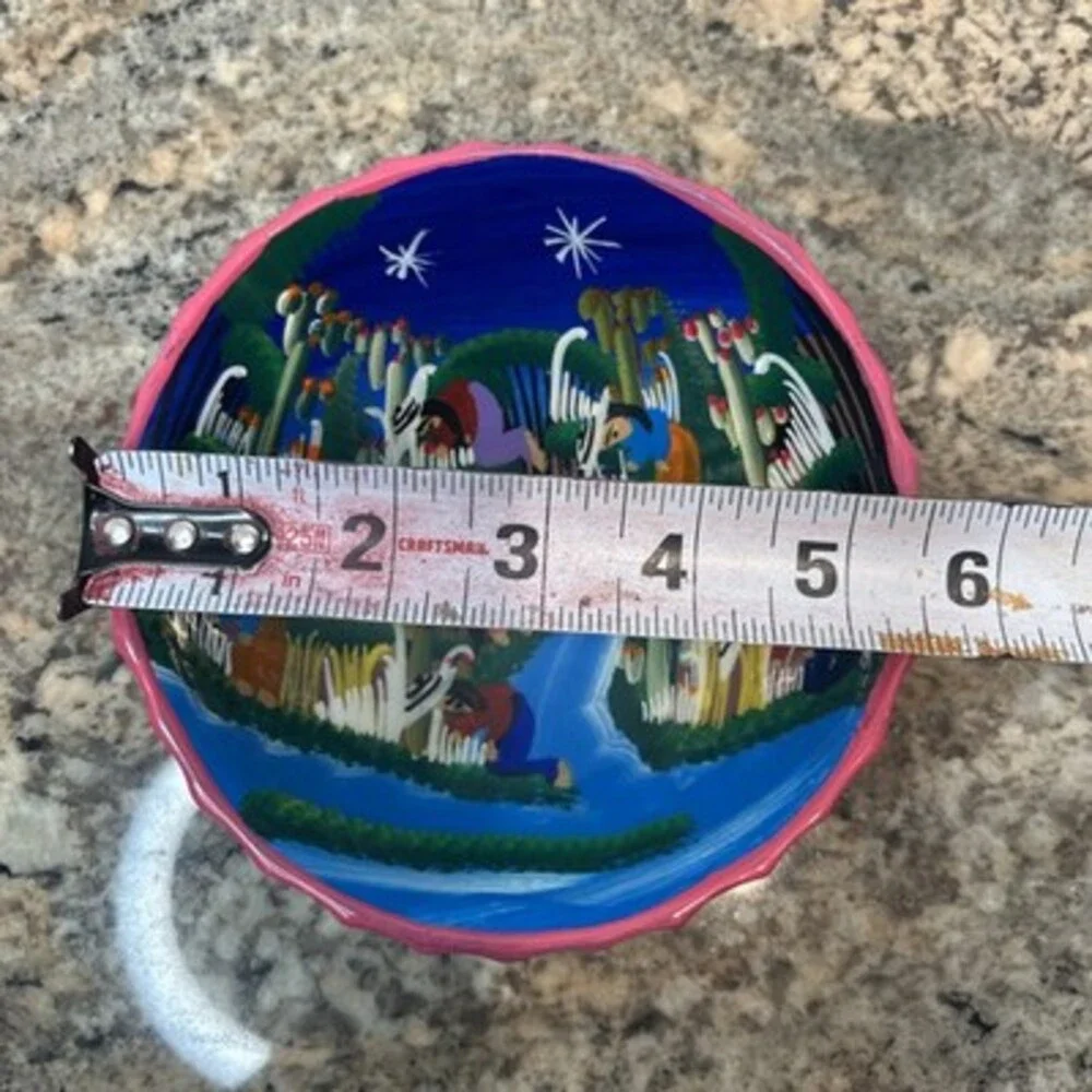 Vtg Hand Painted Talavera Mexican Pottery Footed Bowl Folk Art Village Scene